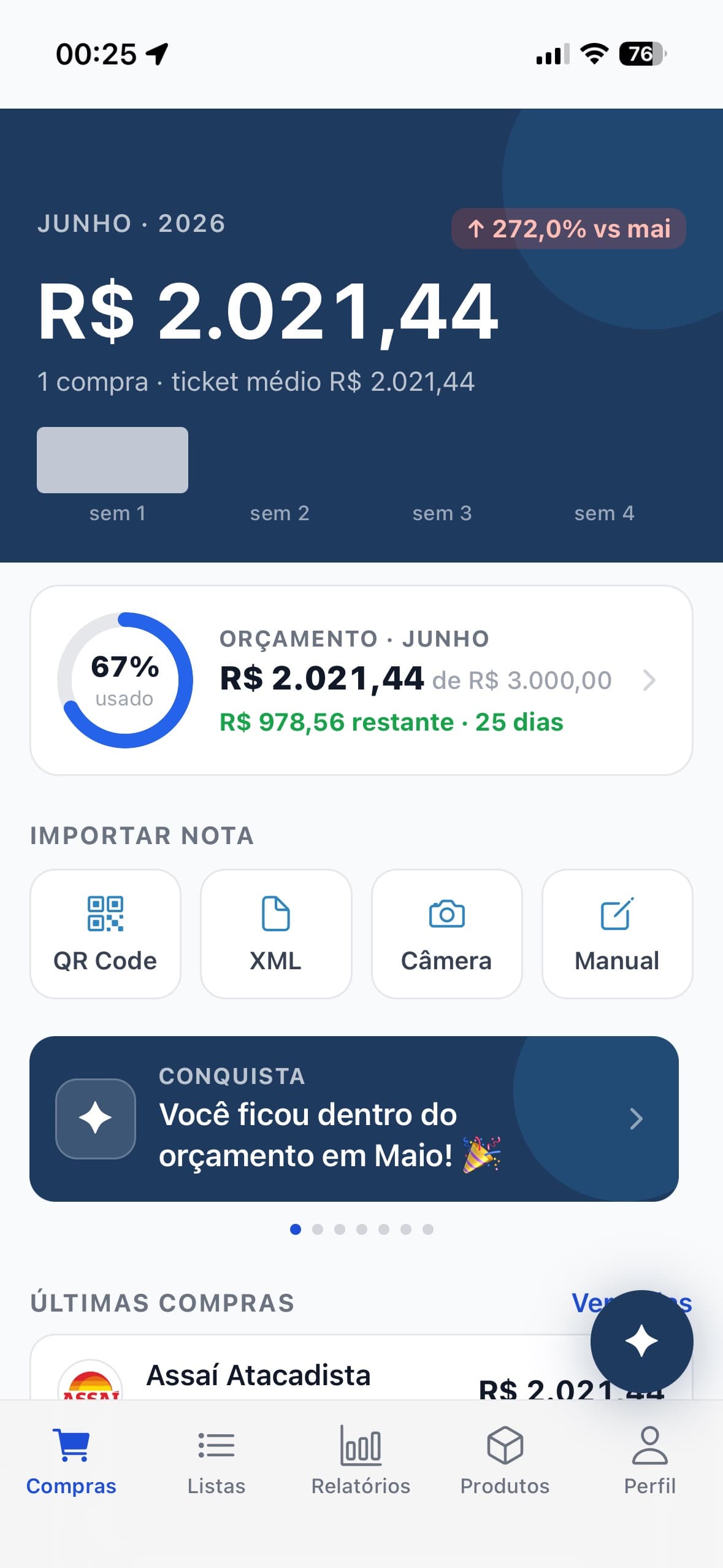 Painel do Notix com o resumo de gastos do mês