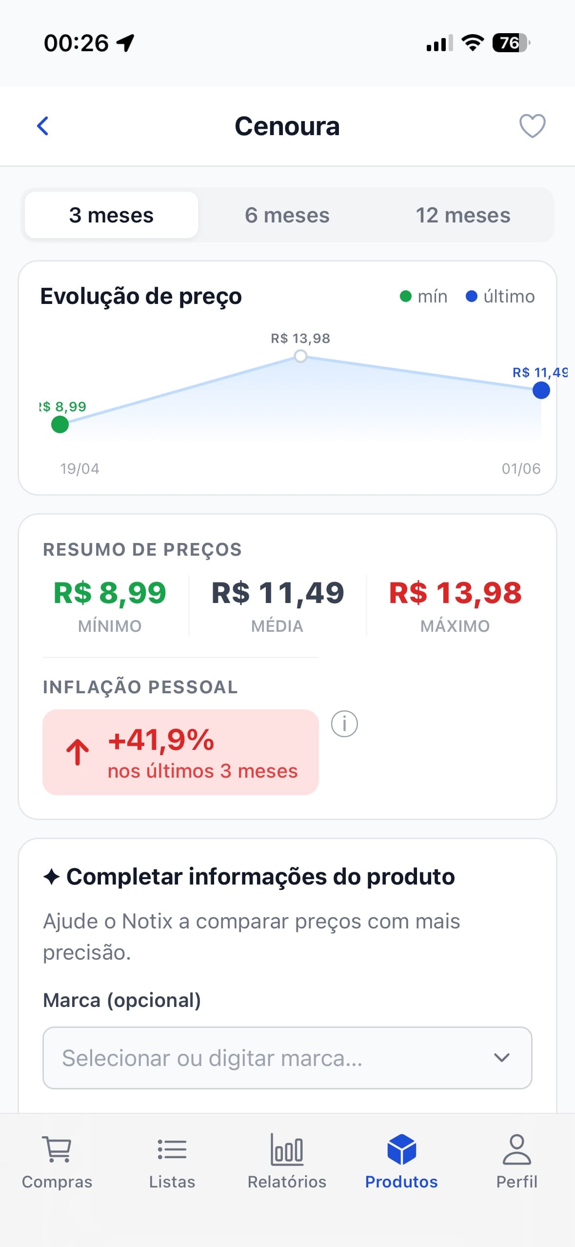 Histórico de preço de um produto no Notix